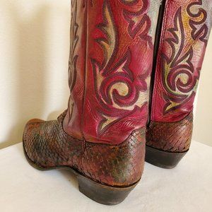 Justin 12 hand painted red black purple western cowboy boots snake skin rodeo